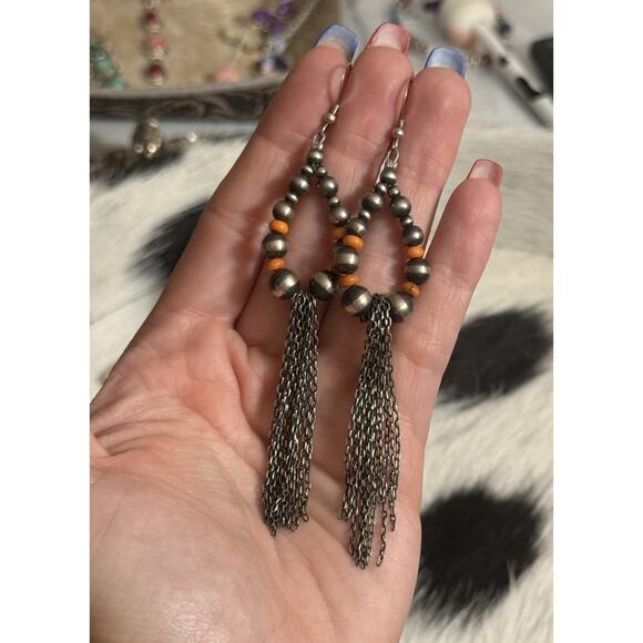 Native American Sterling Silver Navajo Pearl Orange Spiny Chandelier Earrings 4” - Picture 1 of 10